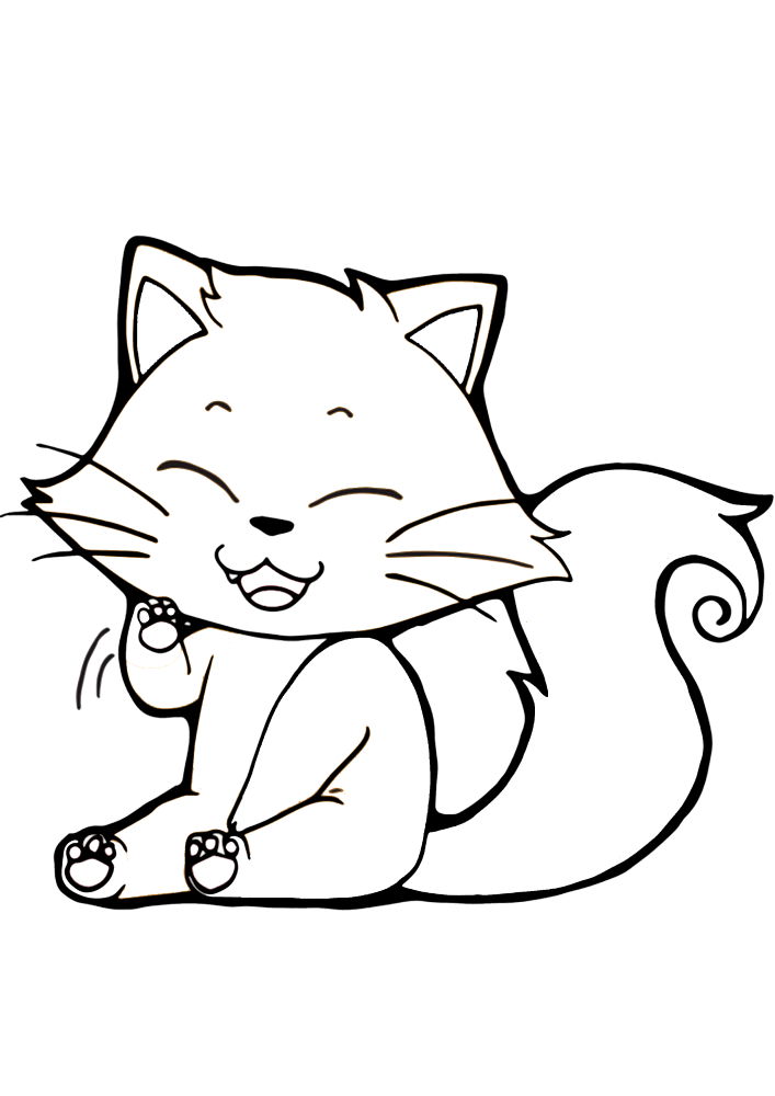 Flauschige Katze sitzt und lächelt